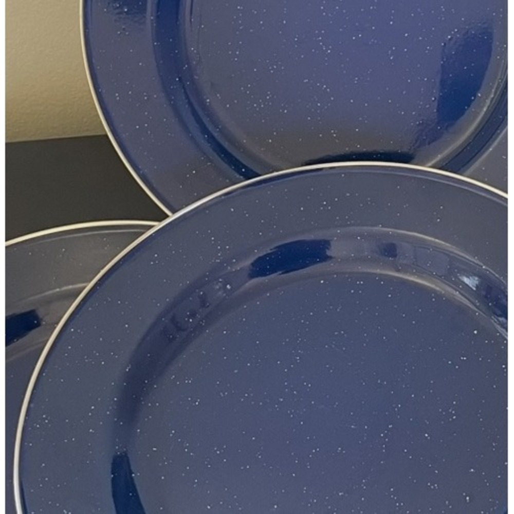 Set of 4 Blue Speckled Enamelware Metal Camping Dinner Plates 10" - Picture 3 of 5